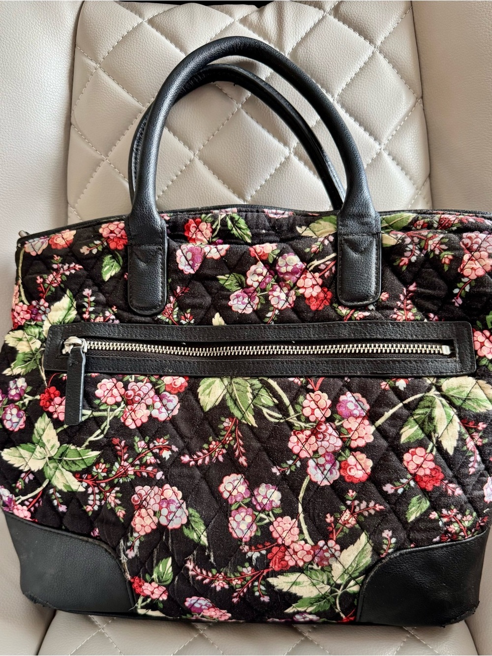Vera Bradley Black Quilted Tote with Pink & Green Floral Print